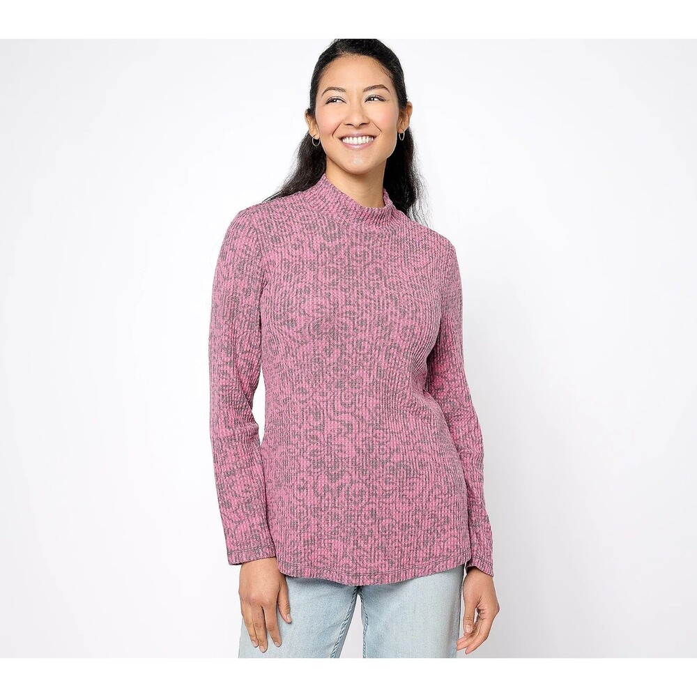 Susan Graver Women's Top Sz 2XS Weekend Printed Brushed Waffle Knit Mock-Neck